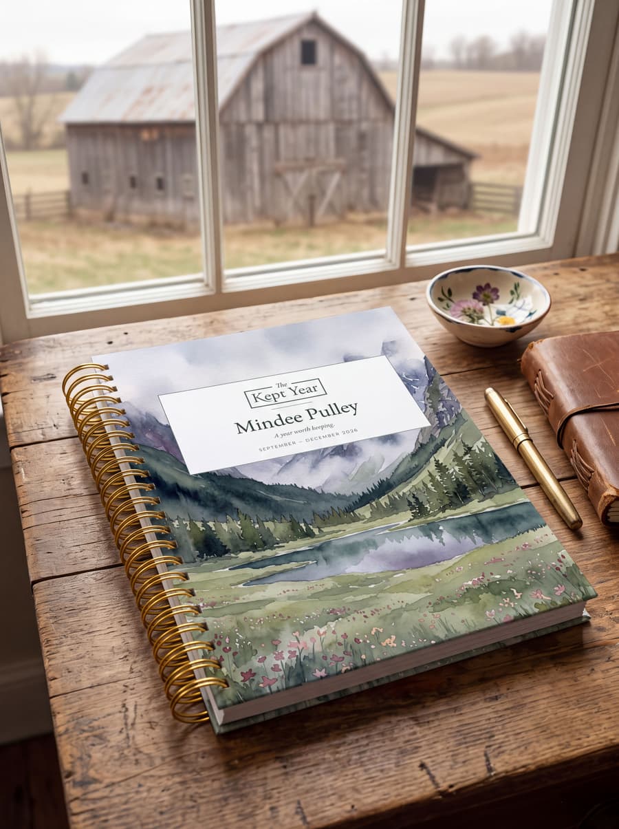 Mindee's finished book, September – December 2026, gold spiral bound on a wooden table by a window