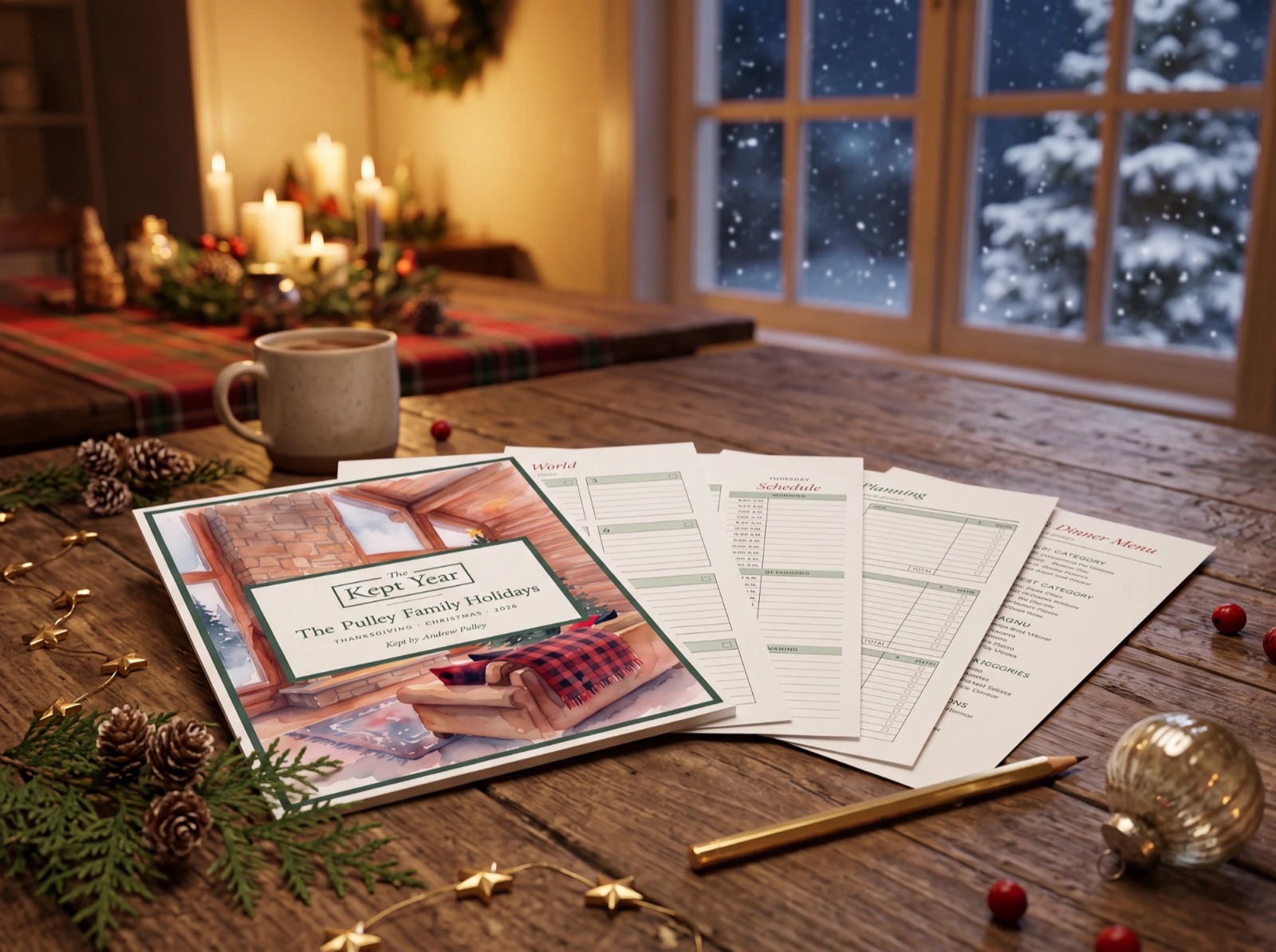 The holiday pack printed at home and fanned across a farmhouse table, candles and a snowy window behind